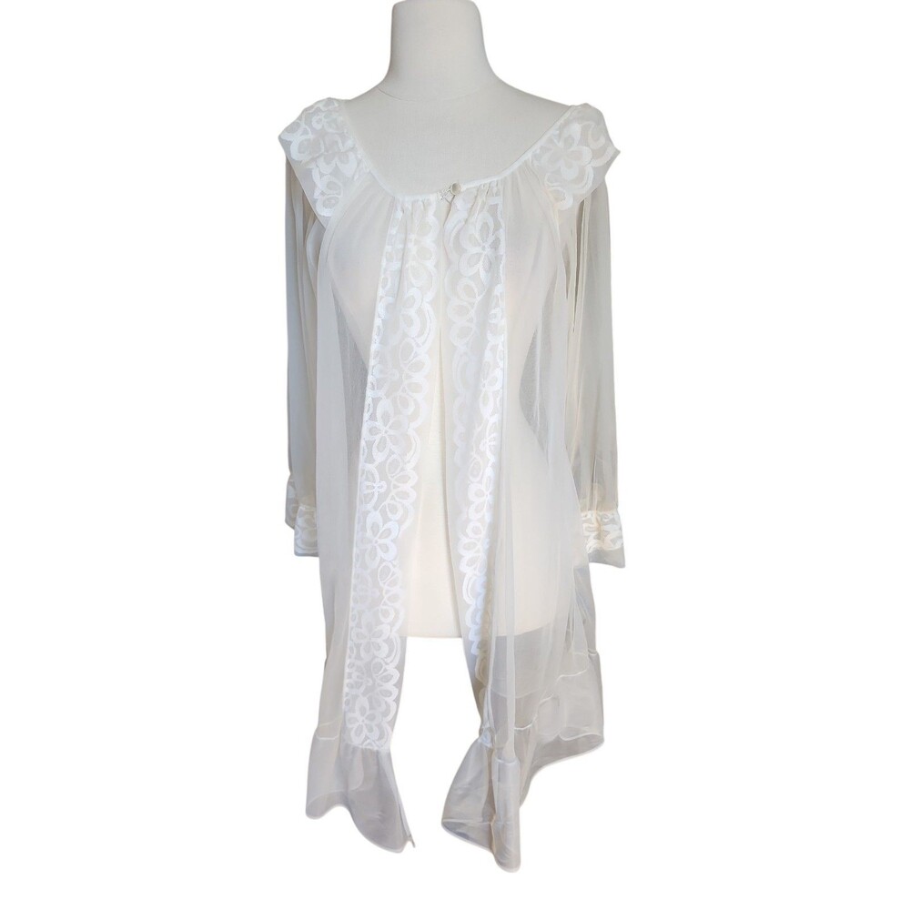 Vintage Sheer Ivory Peignoir Robe Angel Lace Trim Bridal Ethereal Ruffle Dainty